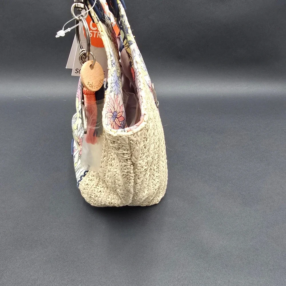 Sakroots Artist Circle Recycled City Straw Floral Butterfly Hobo Bag Navy Blue